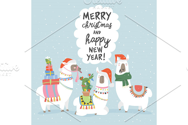 Christmas card with llama. Merry
