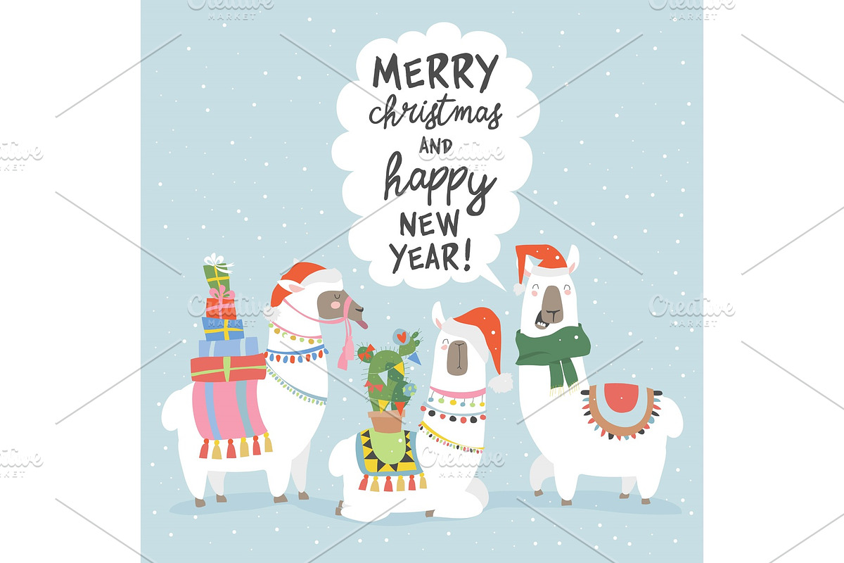 Christmas card with llama. Merry in Illustrations - product preview 8