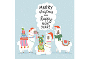 Christmas card with llama. Merry