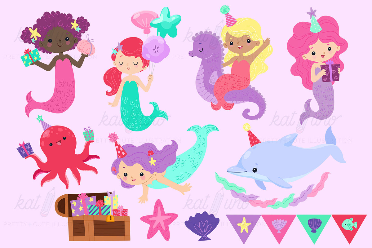 Mermaid Birthday Party Clip Art in Graphics - product preview 8