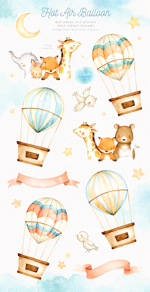 Hot Air Balloon Watercolor Clipart in Illustrations - product preview 1