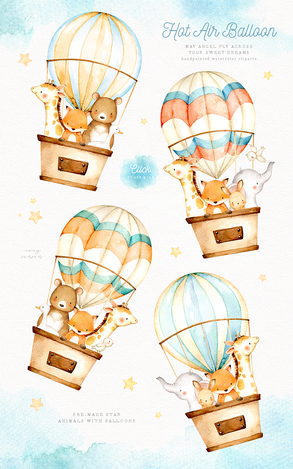 Hot Air Balloon Watercolor Clipart in Illustrations - product preview 4