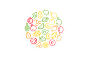 Vector line fruits icons in circle