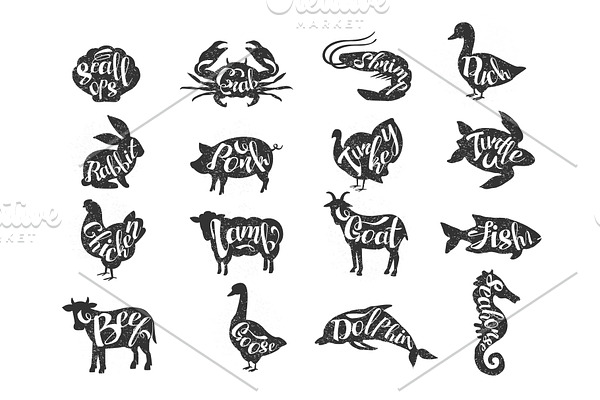 Vintage vector of farm animals and