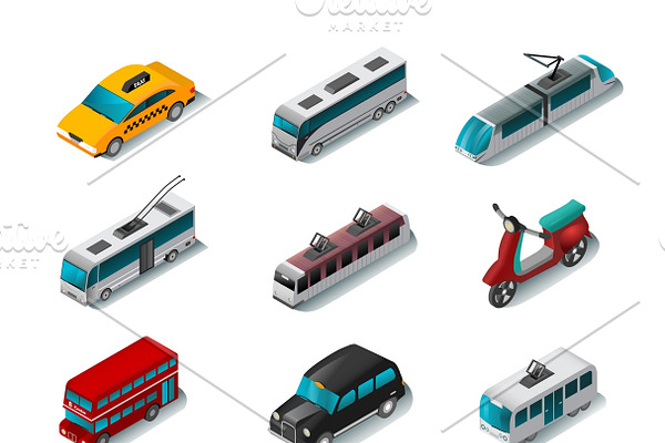 Public transport isometric icons set