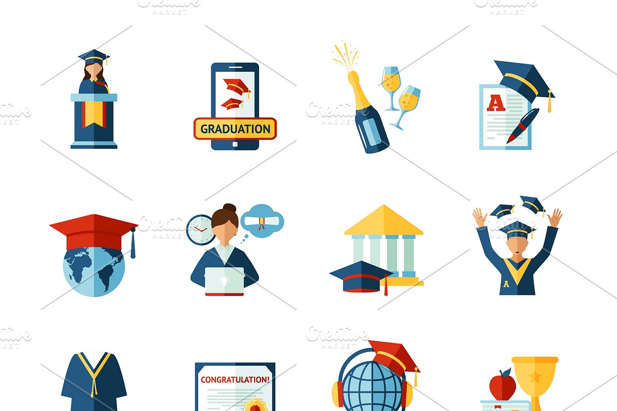 School graduation flat icons set in Icons - product preview 8