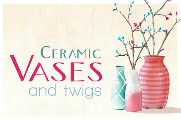 Ceramic Vases & twigs (full pack) in Illustrations - product preview 4