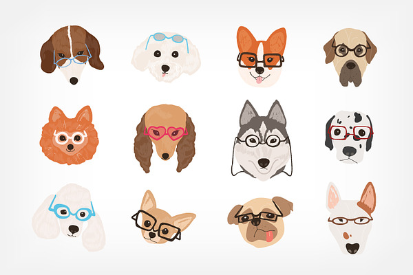 Dogs in glasses set and seamless