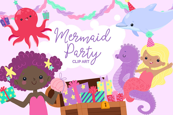 Mermaid Birthday Party Clip Art in Graphics - product preview 2