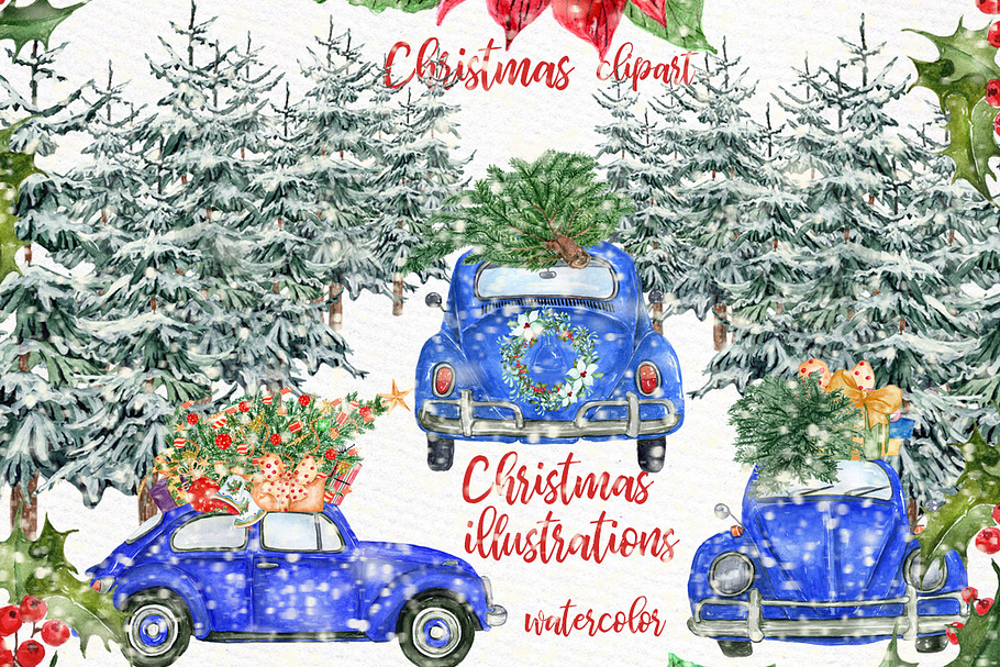 Watercolor Christmas Cars Clipart in Illustrations - product preview 8