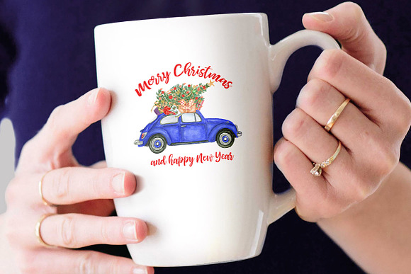 Watercolor Christmas Cars Clipart in Illustrations - product preview 4