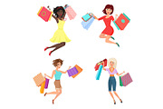 Woman jumping with shopping bags