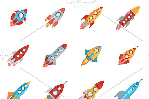 Flying bright space rocket icons set