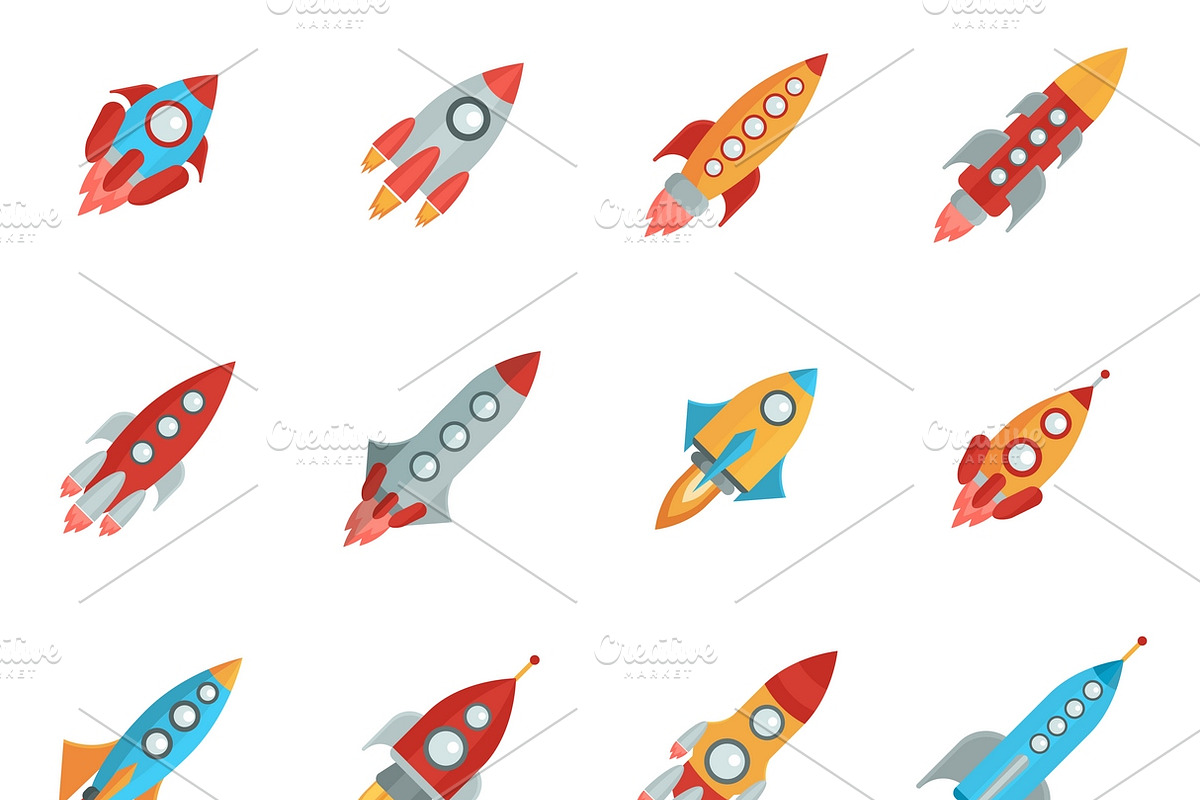 Flying bright space rocket icons set in Icons - product preview 8