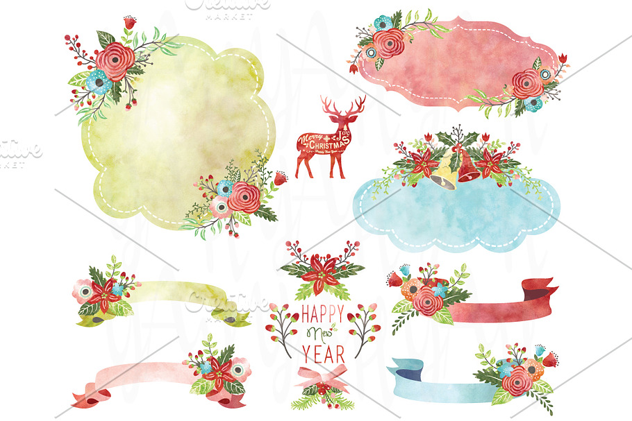 Watercolor Christmas Floral Frame in Illustrations - product preview 8