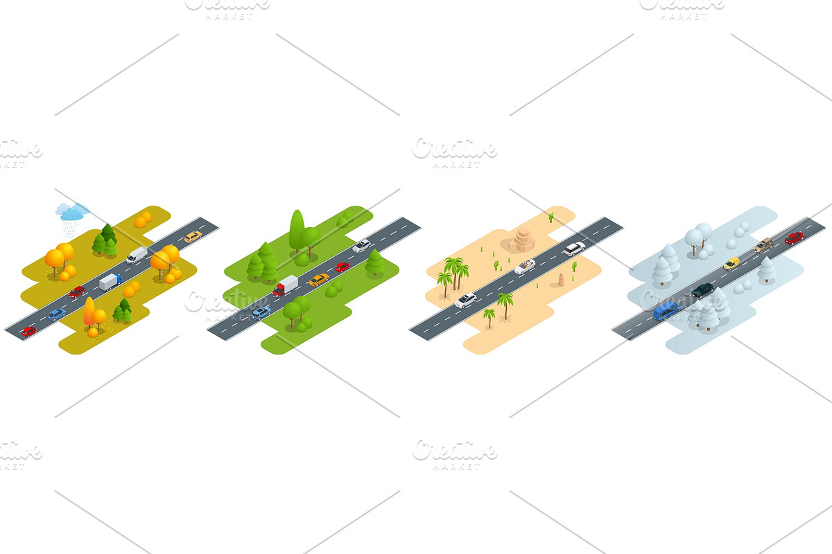 Four isometric pictures Road with in Illustrations - product preview 8