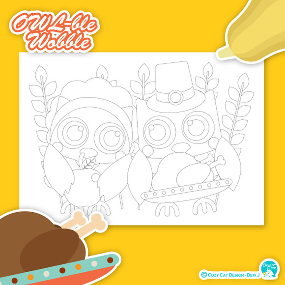 OWL-ble Gobble Coloring Pages in Illustrations - product preview 3