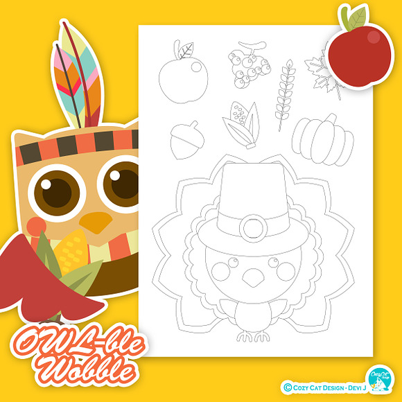 OWL-ble Gobble Coloring Pages in Illustrations - product preview 5