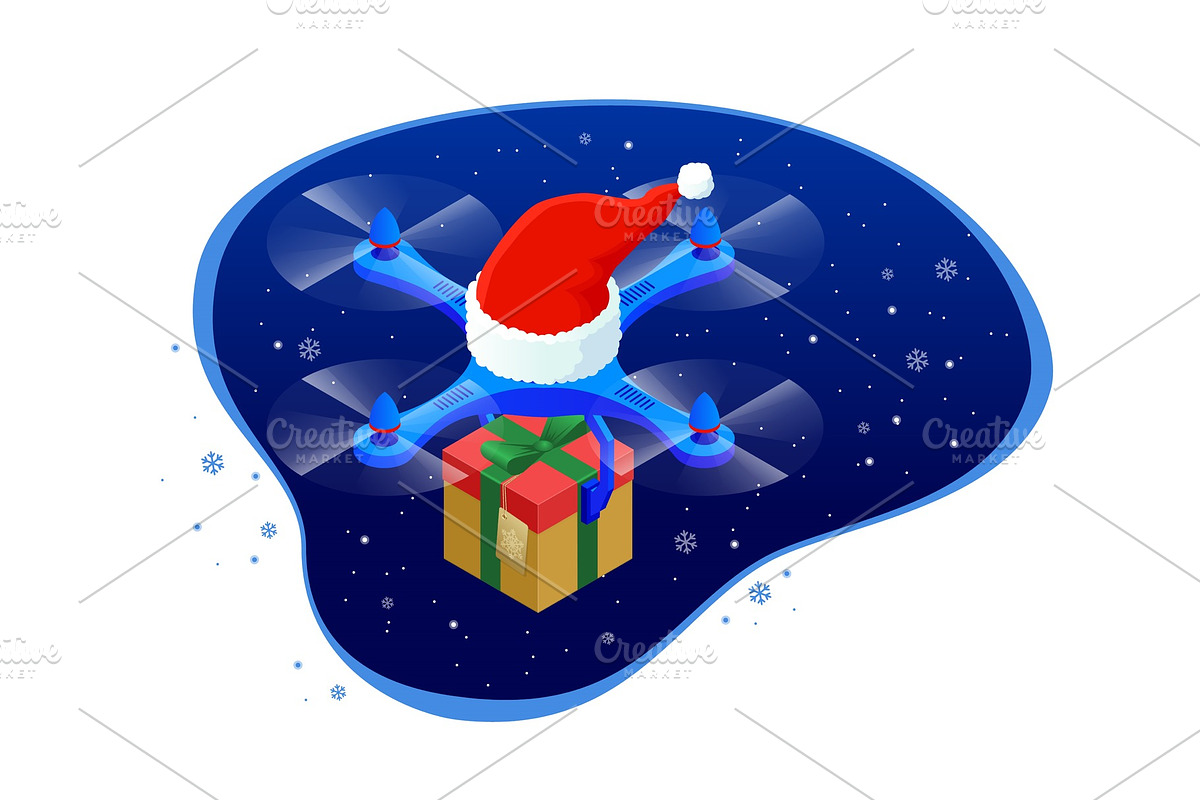 Isometric dron Santas hat delivering in Objects - product preview 8