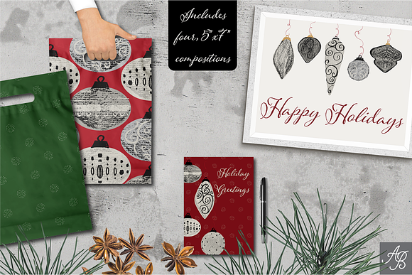 Holiday Ornaments Textured Drawings in Illustrations - product preview 3
