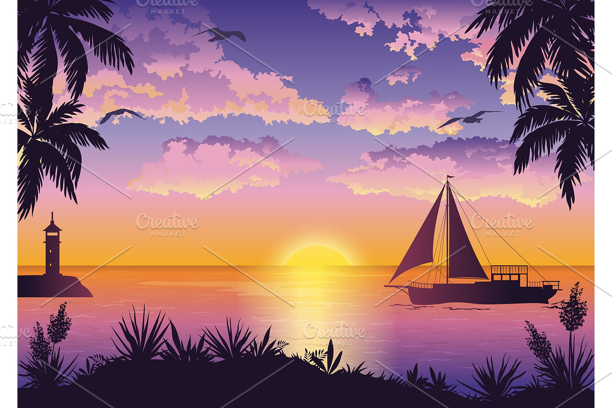 Tropical Sea Landscape with Palms in Illustrations - product preview 8