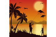 People with Kites on tropical beach