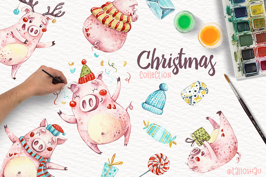 Watercolor Christmas pigs