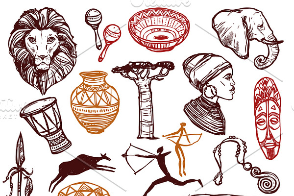 Africa doodle icons set