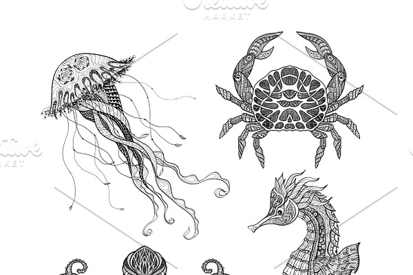 Sea animals doodle icons set