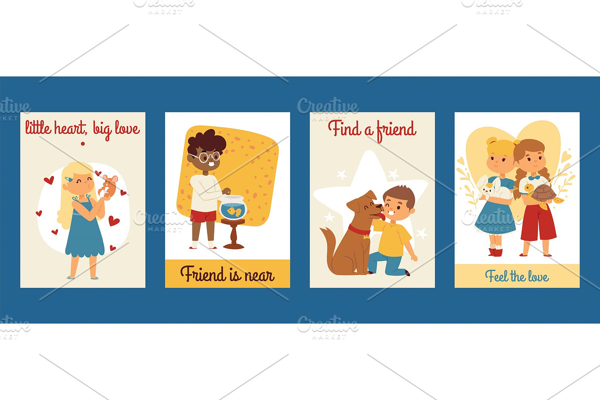Children with pets friendship cards in Illustrations - product preview 8