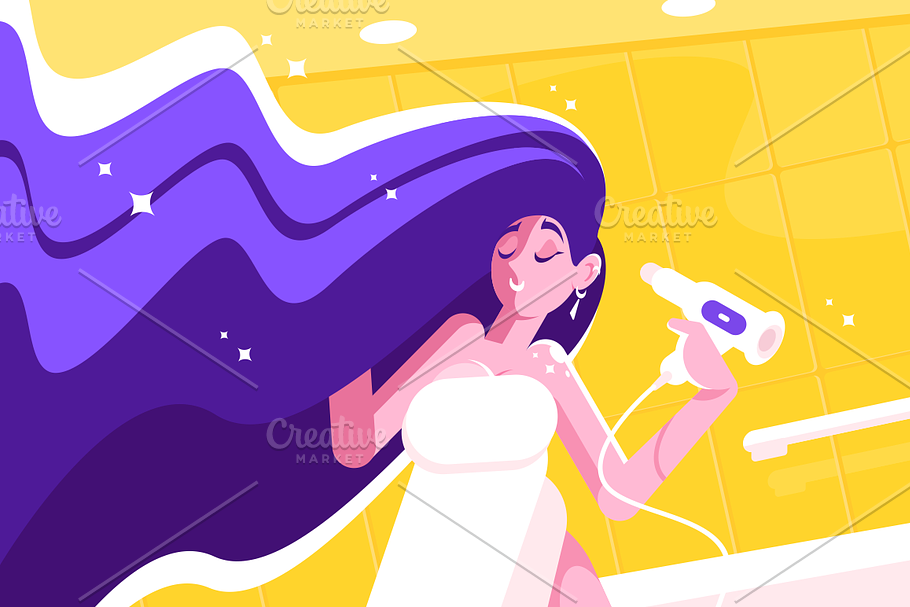 Girl with long hair blowing dry in Illustrations - product preview 8