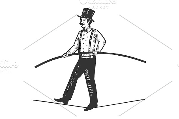 Man circus ropewalker engraving
