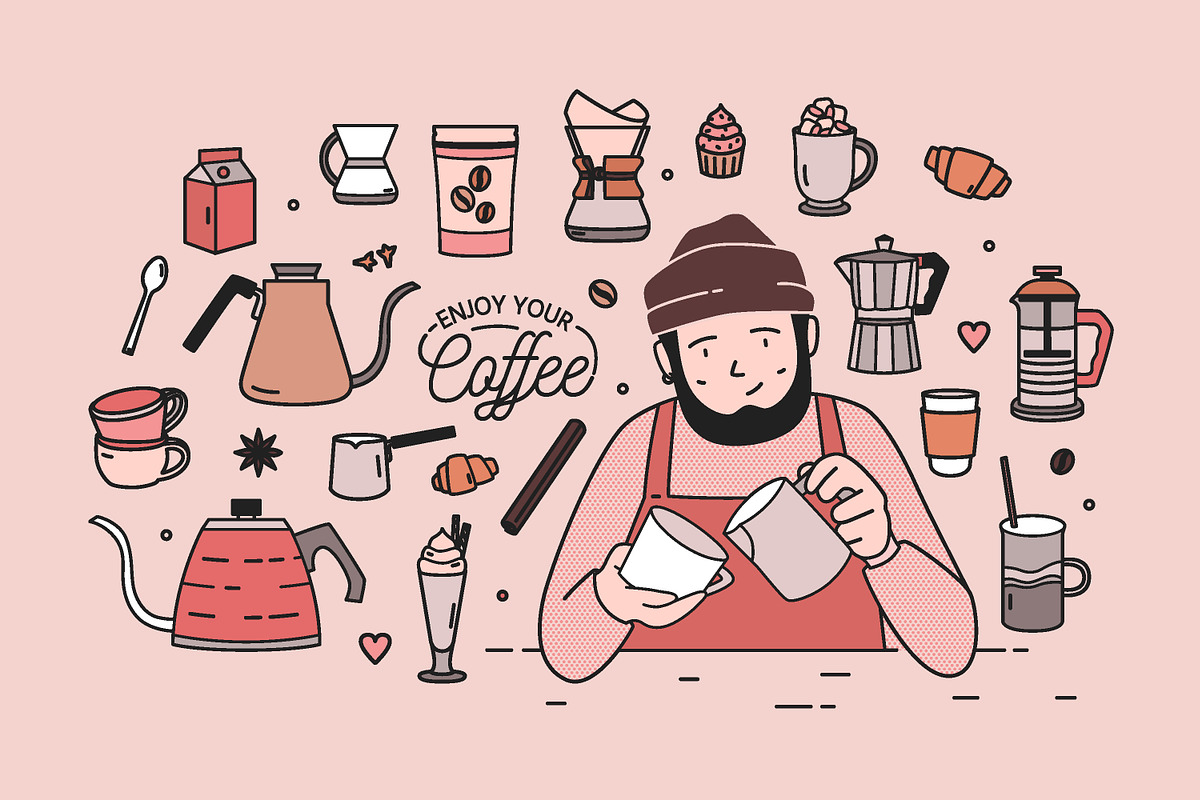 Coffee lineart set and seamless in Illustrations - product preview 8