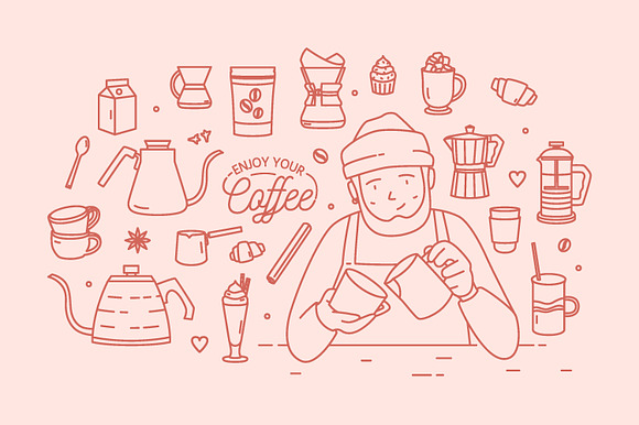 Coffee lineart set and seamless in Illustrations - product preview 1