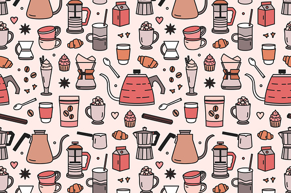 Coffee lineart set and seamless in Illustrations - product preview 2