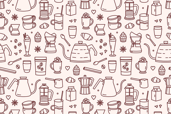 Coffee lineart set and seamless in Illustrations - product preview 3