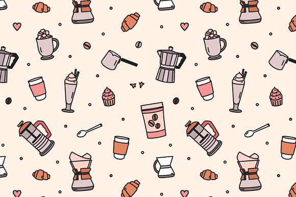 Coffee lineart set and seamless in Illustrations - product preview 4