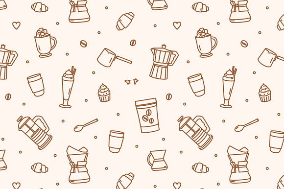 Coffee lineart set and seamless in Illustrations - product preview 5