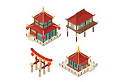Asian buildings isometric. Chinese