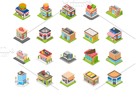 50 Supermarket Shops Isometric Icons in Icons - product preview 1