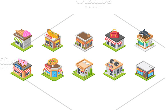 50 Supermarket Shops Isometric Icons in Icons - product preview 2