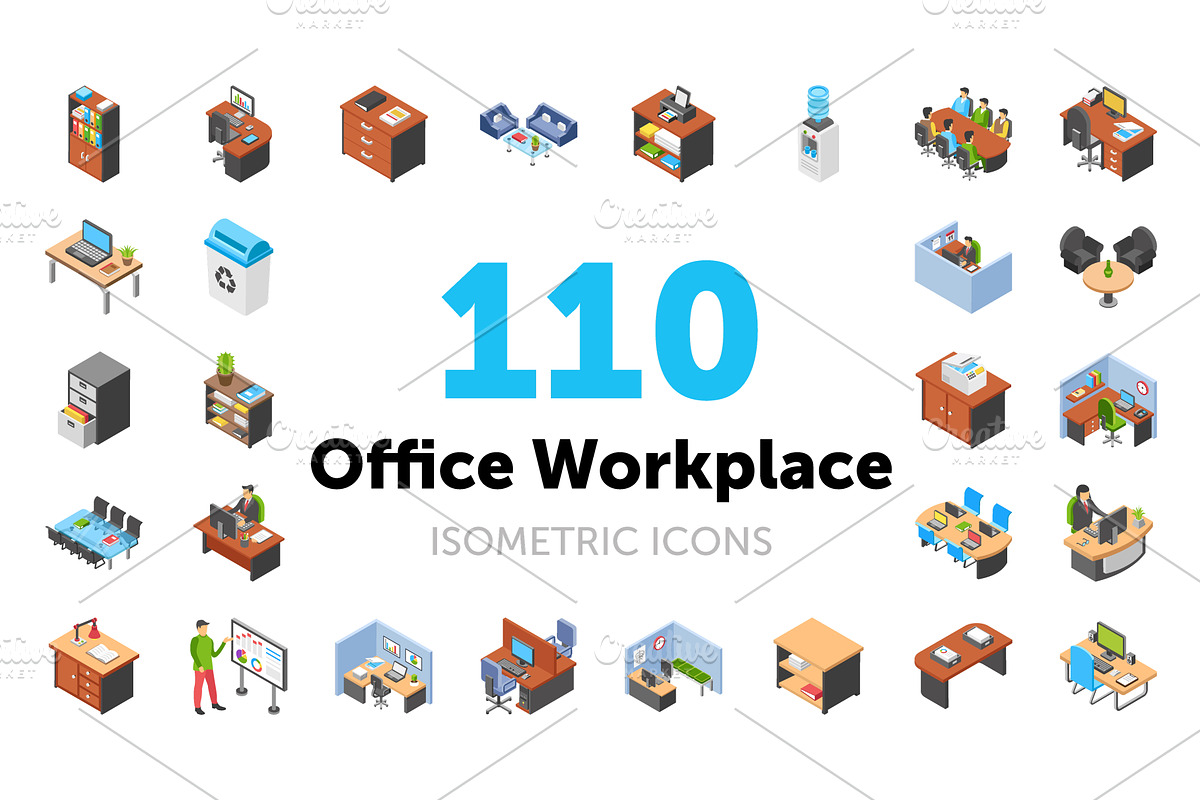 110 Office Workplace Isometric Icons in Icons - product preview 8