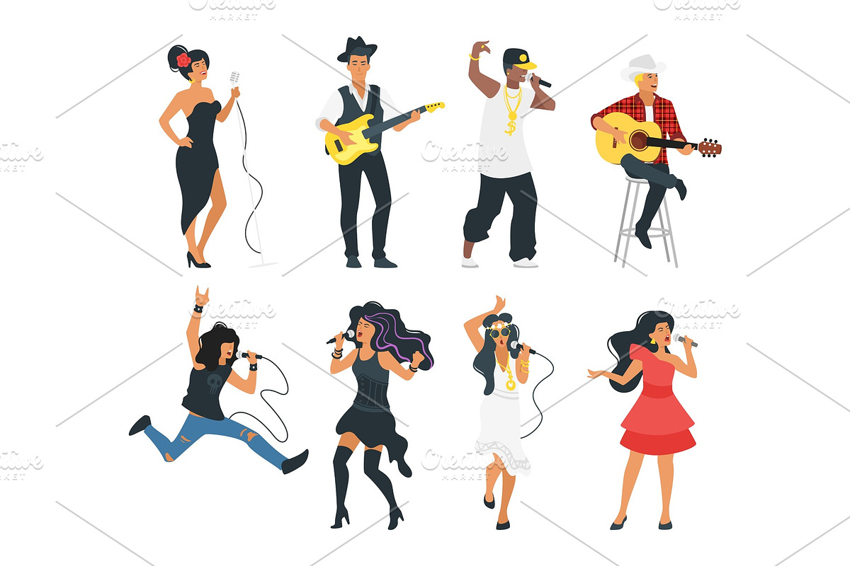 singer with microphone and musician in Illustrations - product preview 8