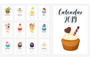 2019 year calendar with cupcake