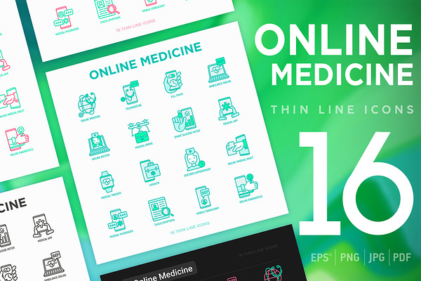 Online Medicine | 16 Thin Line Icons