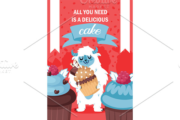 Yeti character eating cake poster