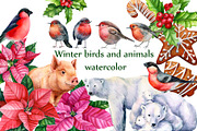 Winter birds and animals, watercolor
