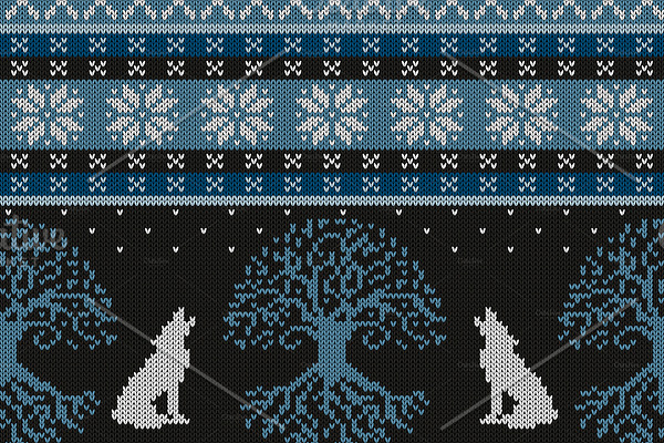 Winter night Tree of life and wolves