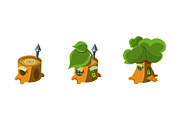 Cute houses in a tree trunks set