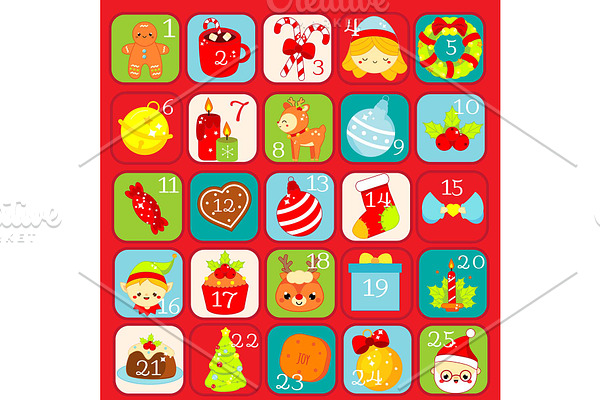 Advent calendar, Christmas icons set